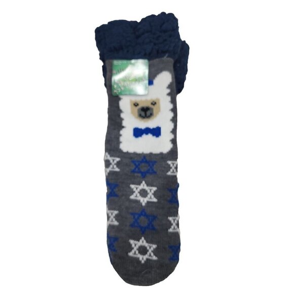 HANUKKAH LLAMA SLIPPER SOCKS Blue Star of David Fuzzy Non Slip ONE SIZE 4 to 10 - Picture 1 of 5